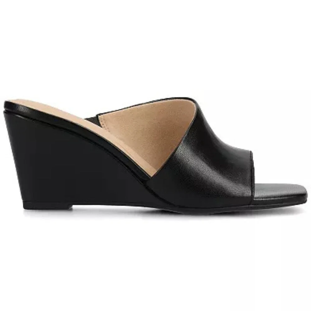 Journee Clementine Dress Sandal Women 6.5 Black Faux Leather Wedge Heel HTAT1436
